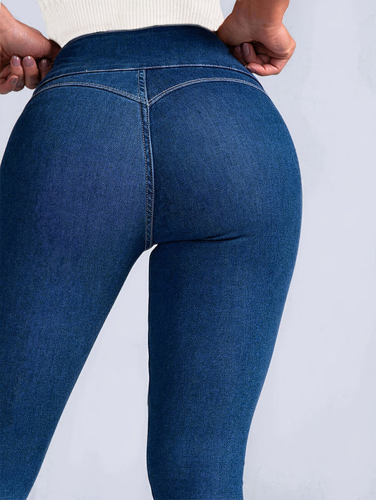 Women's Single-breasted High Waist Skinny Jeans, Multi-button Slash Pocket Sexy Solid Color Denim Pants