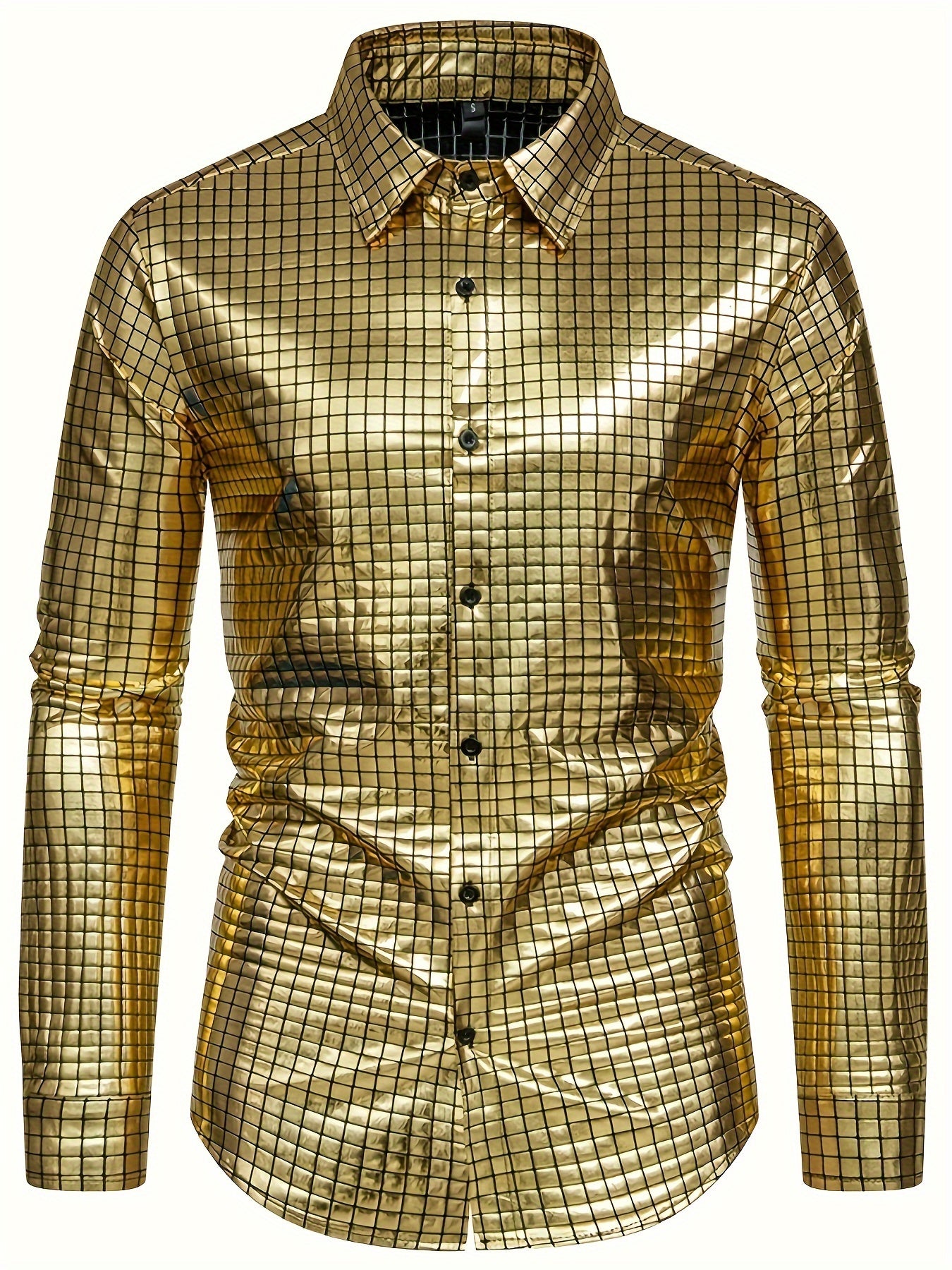 "Men's Sequin Checkered Party Shirt - Long Sleeve Button Up, Spring/Fall Fashion"