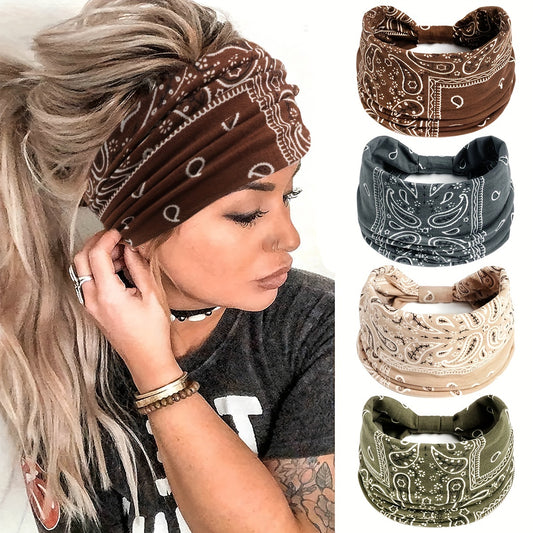 1pc Boho Headband - Stretchy Wide Hair Band with Paisley Pattern - Knotted Turban Headband for Yoga, Running, Sports - Sweatband for Women and Girls - Elegant Hair Accessory