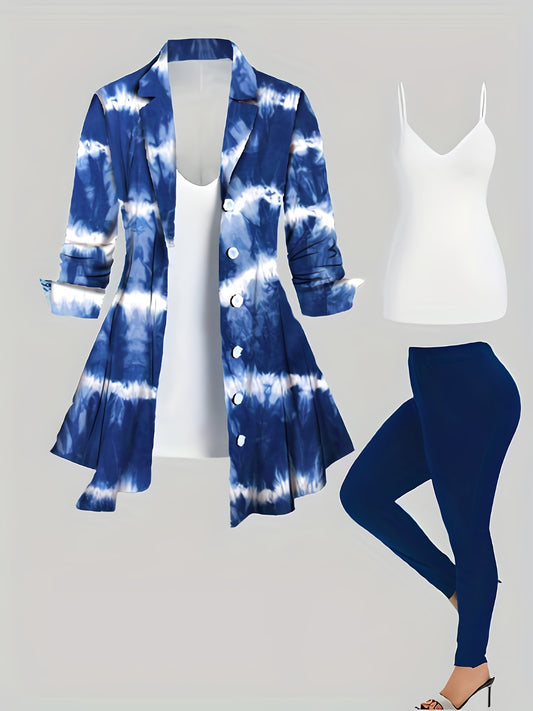 Women's Plus Size Tie Dye Three-piece Set - V Neck Cami Top, Lapel Long Sleeve Button Top, and Skinny Pants Outfit