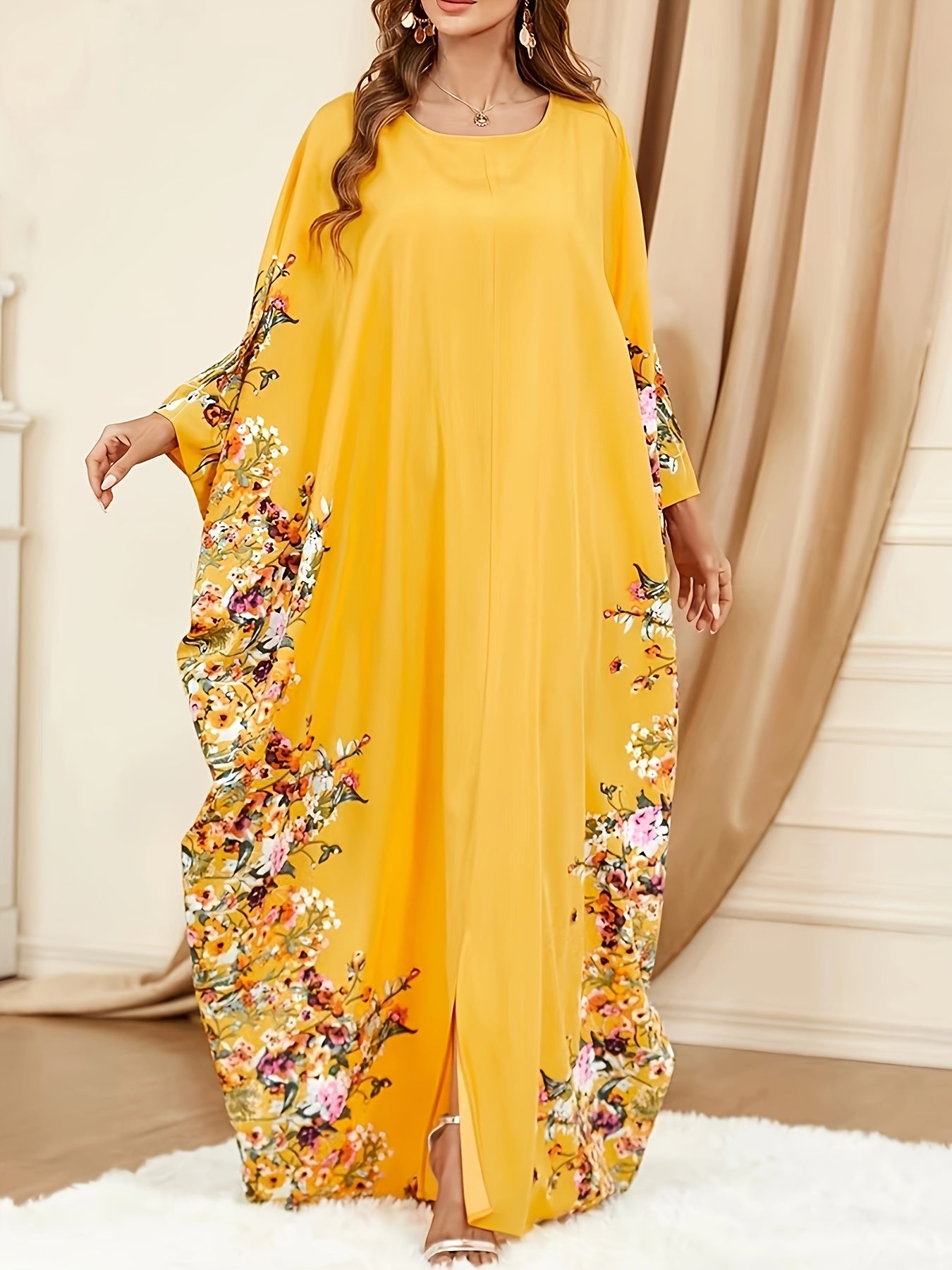 "Floral Print Crew Neck Kaftan Abaya, Elegant Batwing Sleeve Maxi Dress for Women's Clothing"