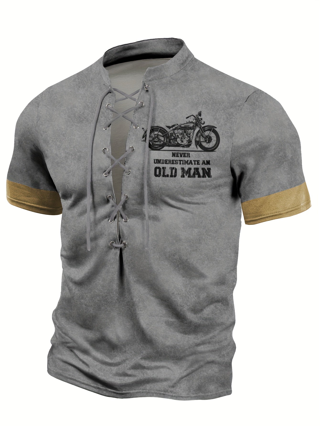 "Men's Motorcycle Print Lace-Up Henley Shirt - Casual and Stretchable Short Sleeve for Spring/Summer"