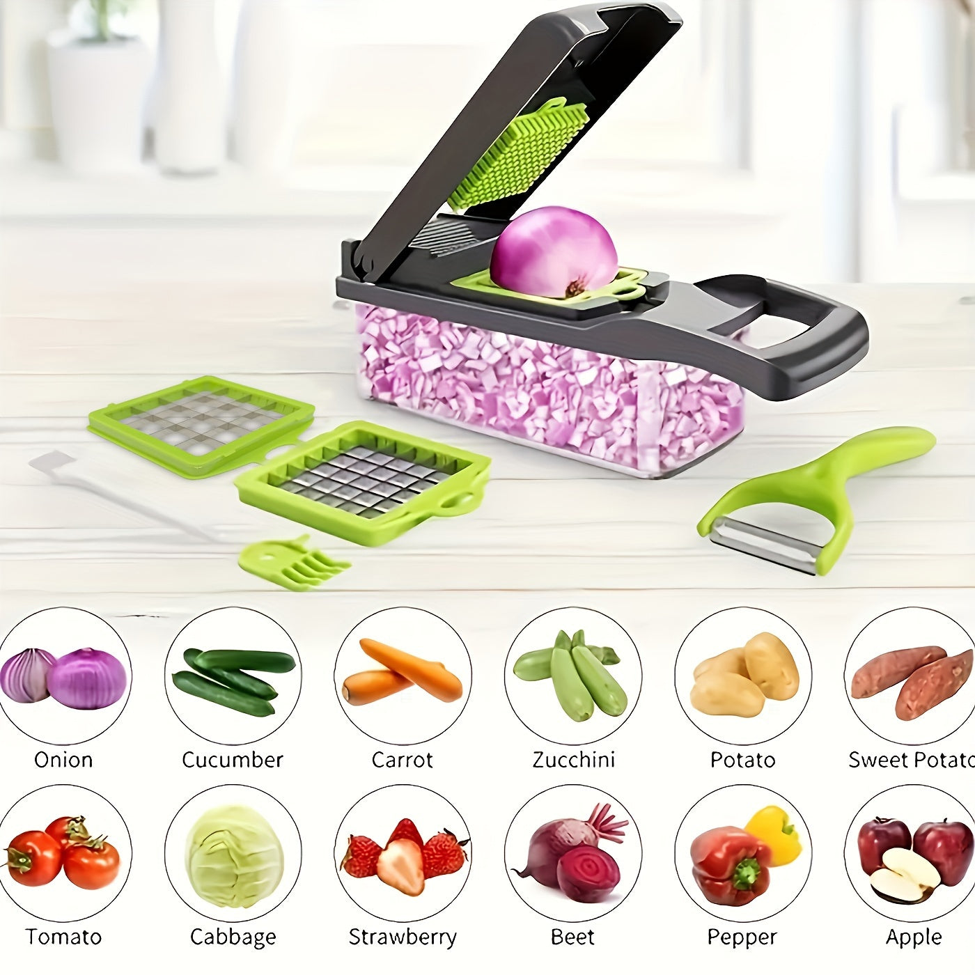 "16-Piece Vegetable Chopper and Fruit Slicer Set with Interchangeable Blades, Container, and Handle - Kitchen Gadgets for Restaurants and Food Trucks"