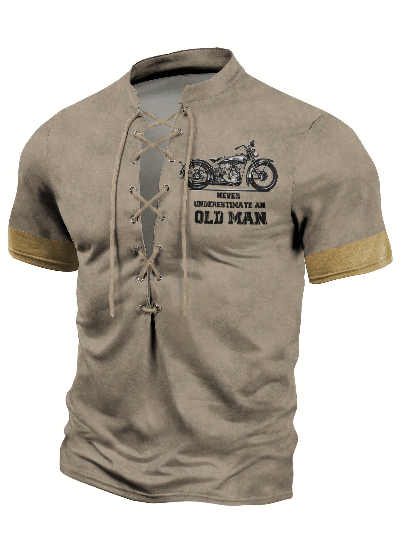 "Men's Motorcycle Print Lace-Up Henley Shirt - Casual and Stretchable Short Sleeve for Spring/Summer"