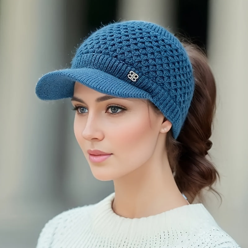 Women's Solid Color Textured Cycling Hat with Empty Top, Breathable Ponytail Sun & Winter Knitted Sports Hat