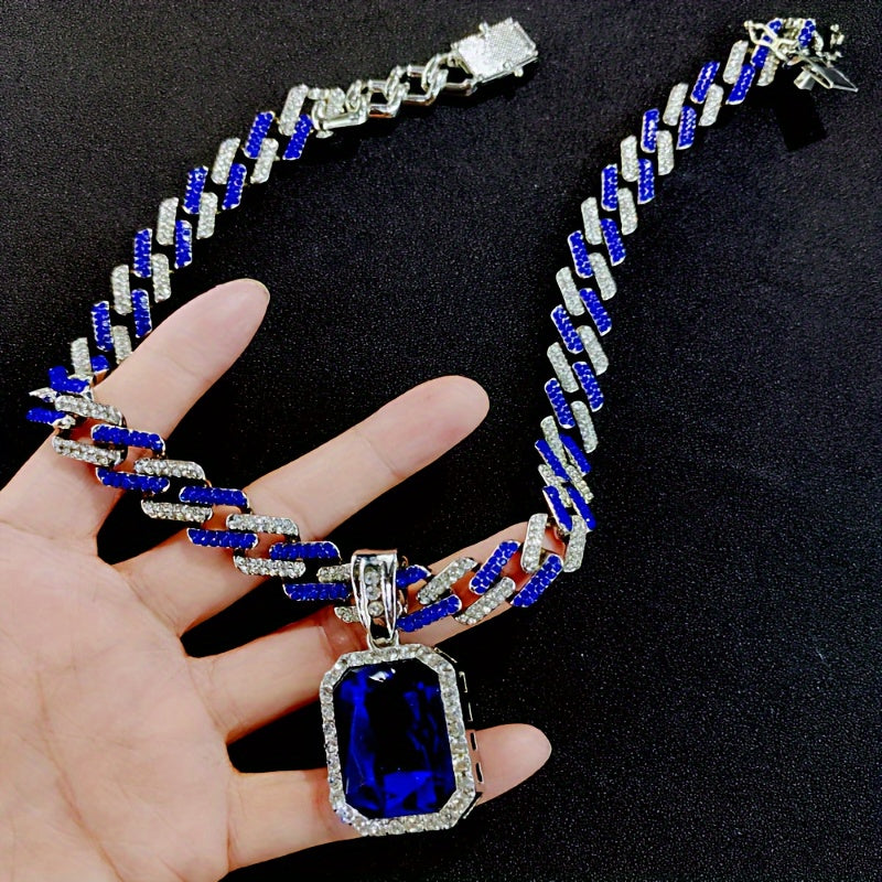 "Stylish Men's Pendant Necklace with Blue Zirconia and Cuban Chain"