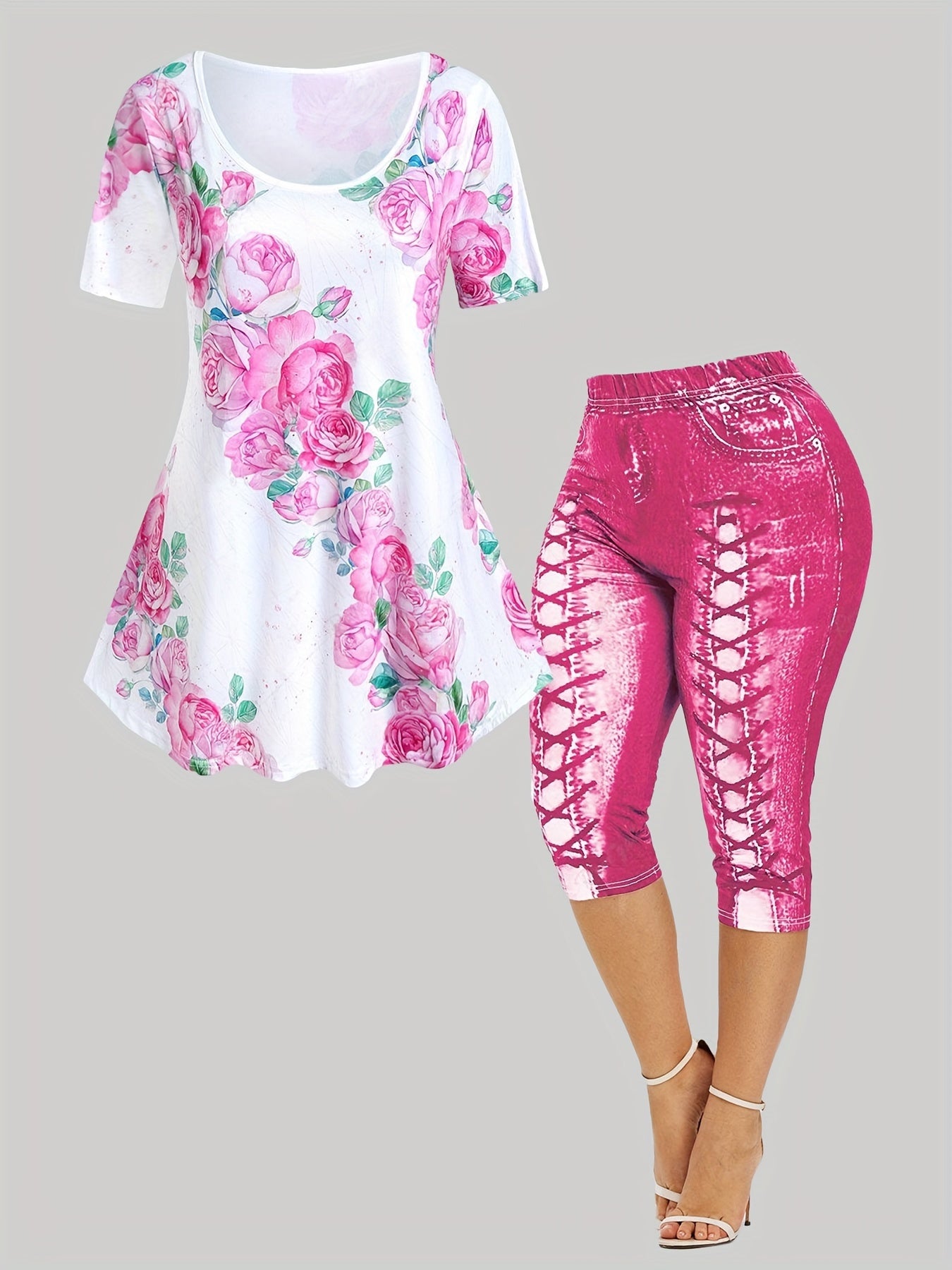 "Floral Print Casual Two-piece Set: Short Sleeve Top & Elastic Waist Pants for Women's Clothing"