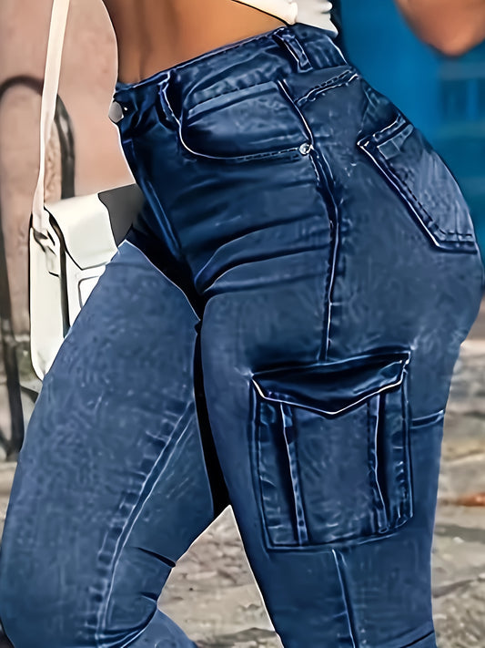 Zipper Hem Skinny Jeans, Multi-pocket High Elastic Casual Denim Cargo Pants, Women's Denim Jeans & Clothing