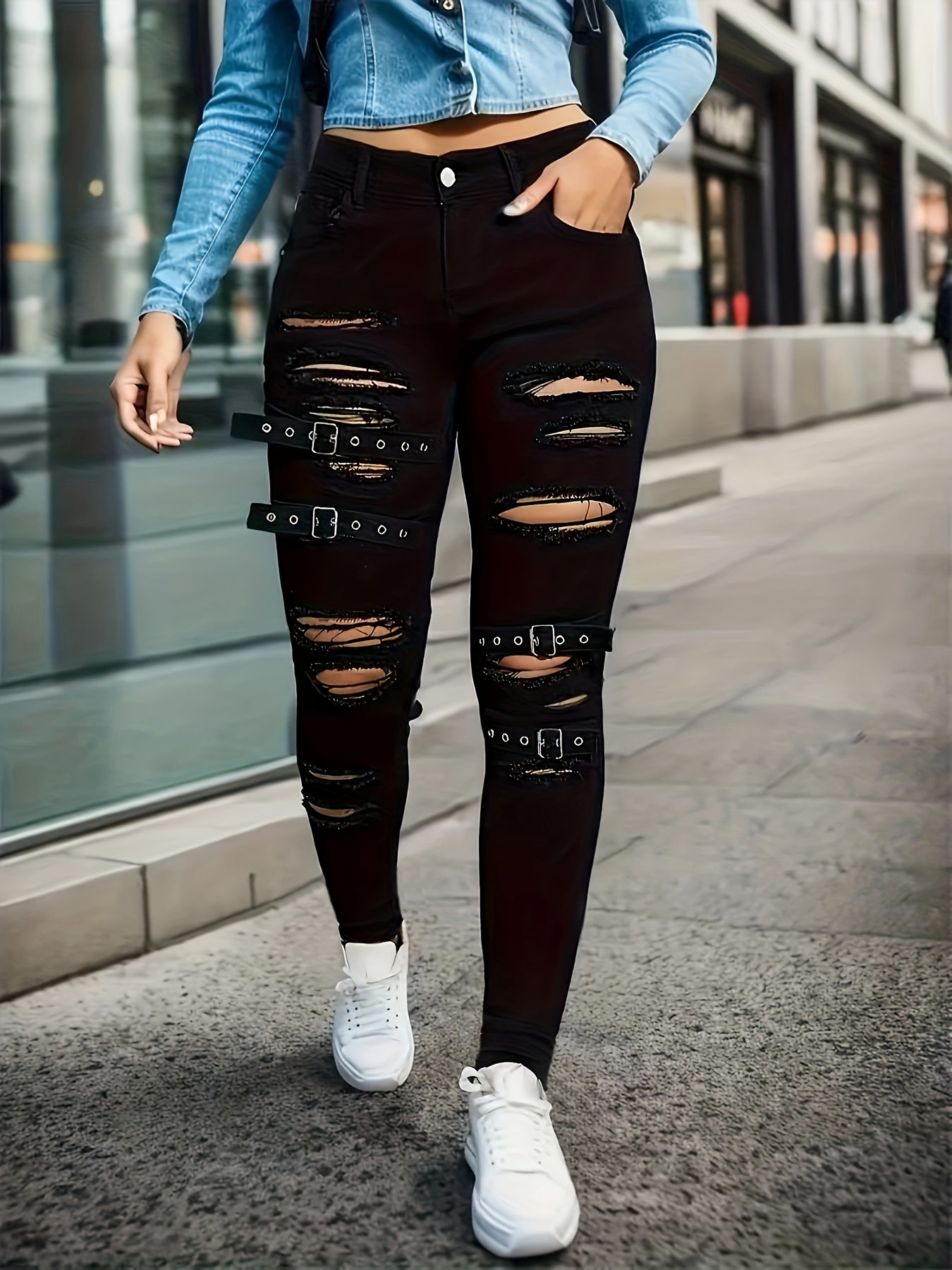 Women's Slim Fit Ripped Holes Chic Skinny Jeans - Stretchy and Tight Denim Pants