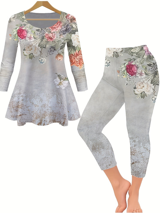 Women's Casual Floral Print Lounge Set - Long Sleeve Top and Leggings for Loungewear and Sleepwear
