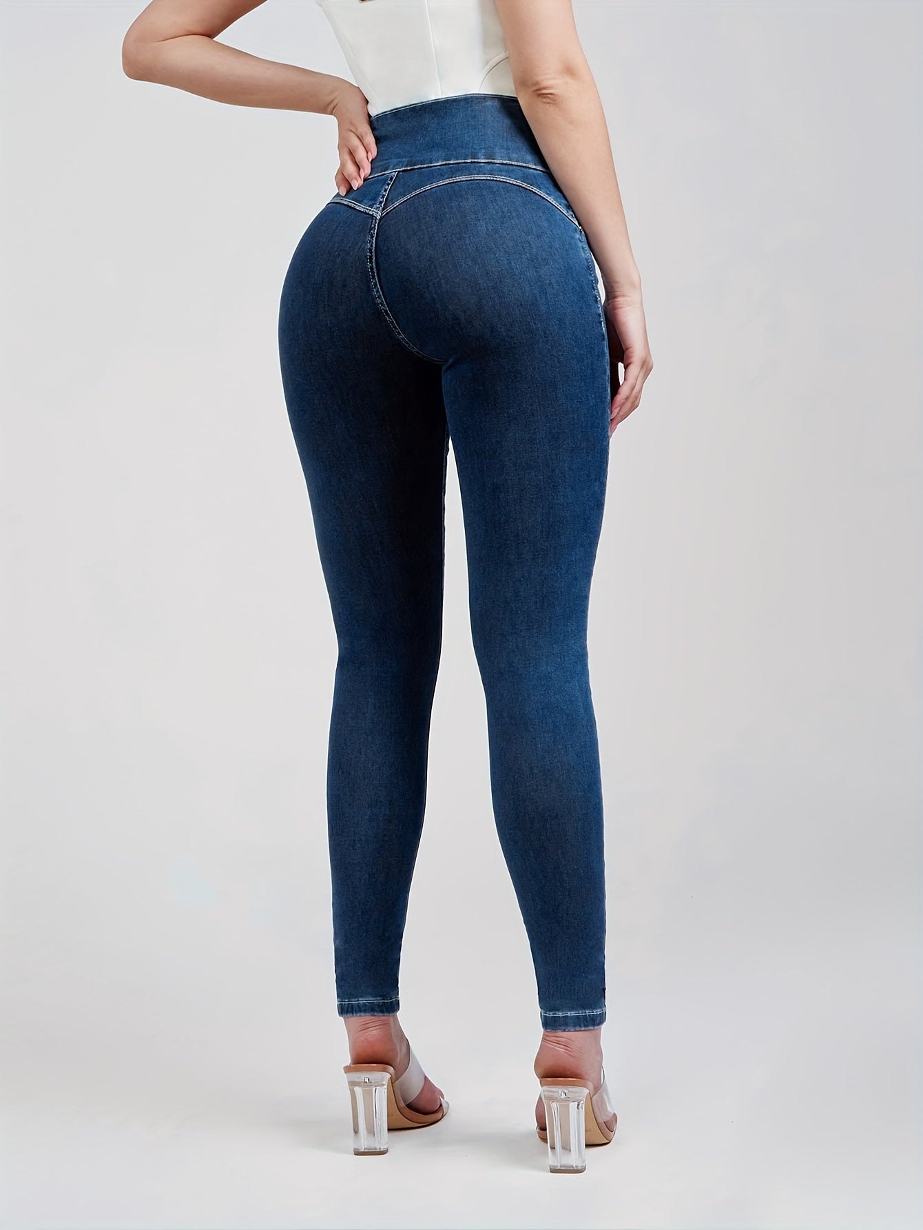 Women's Single-breasted High Waist Skinny Jeans, Multi-button Slash Pocket Sexy Solid Color Denim Pants
