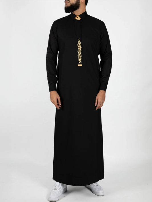"Plus Size Black Robe for Arab Men with Embroidered Details - Casual Muslim Jubba Thobe, All-season Universal Thawb"