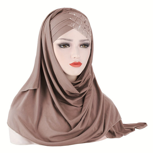 "Sequin Forehead Instant Hijab - Soft, Stretchy, and Sunscreen Turban Head Wrap"