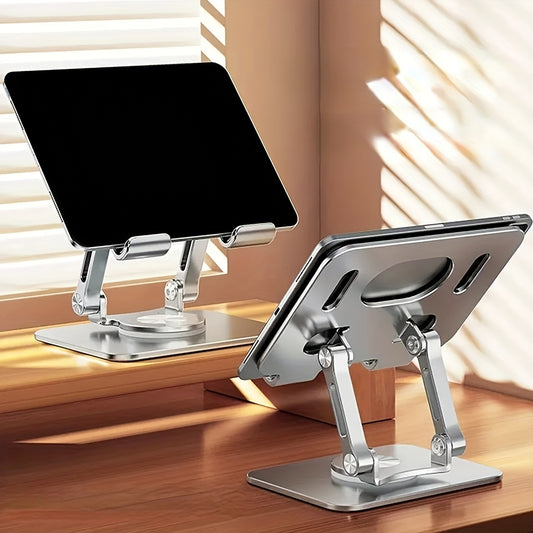 "Adjustable Aluminum Alloy Tablet Stand with 360-Degree Rotating Base - Multifunctional Desktop Holder for Tablets and Mobile Phones"