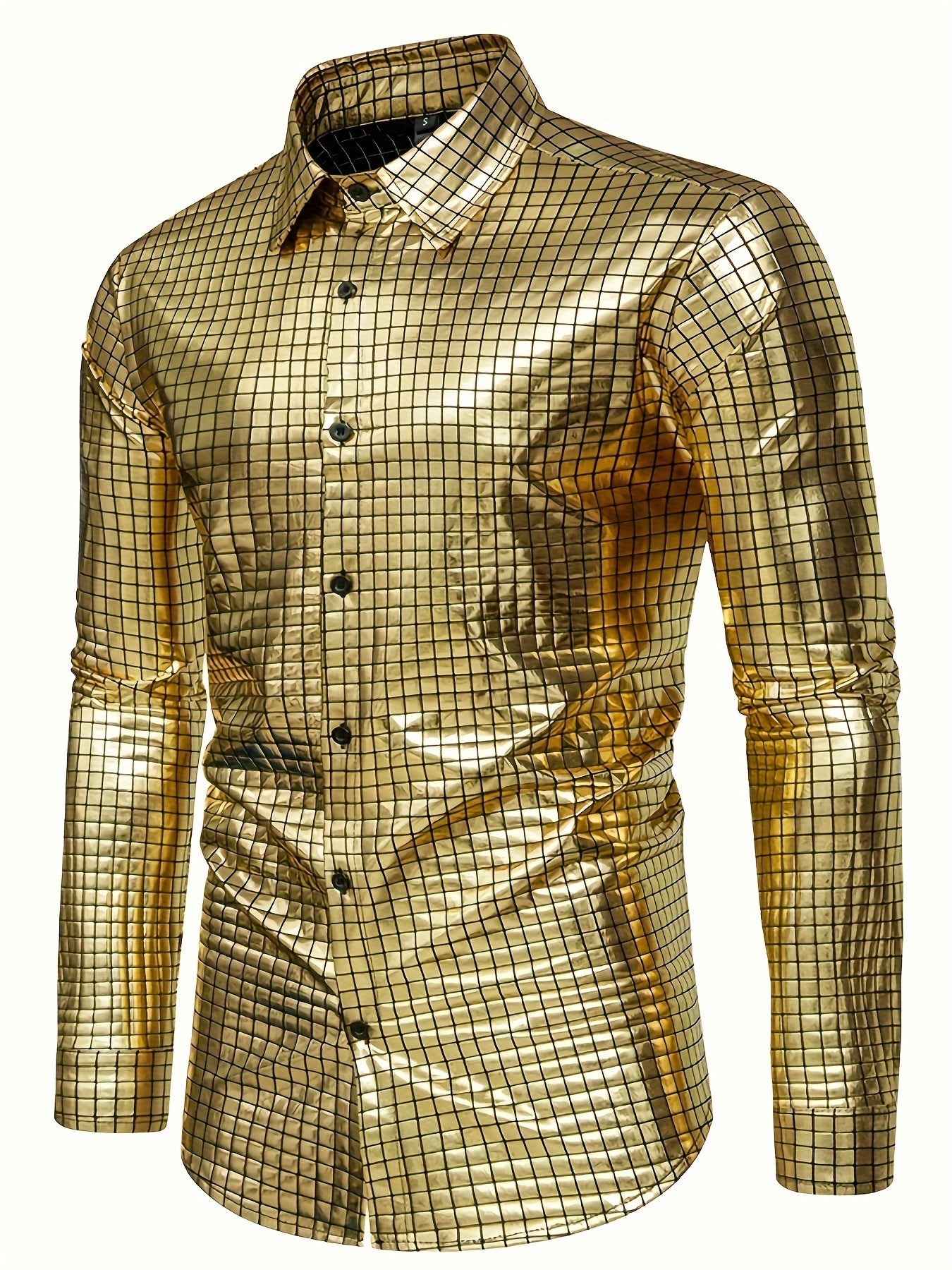 "Men's Sequin Checkered Party Shirt - Long Sleeve Button Up, Spring/Fall Fashion"