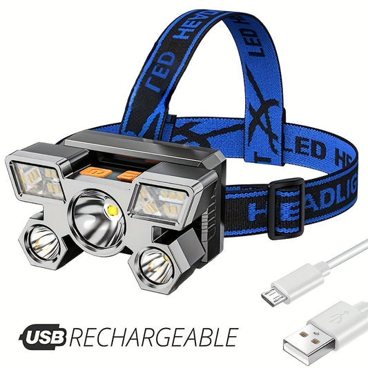 "Waterproof USB Rechargeable Headlamp with 5 LED, 4 Lighting Modes, Portable Flashlight for Outdoor Camping and Fishing - Includes Charging Cable - 1PC"