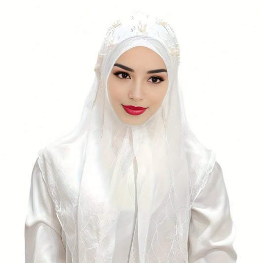 "Women's Exquisite Rhinestone Tassel Bandana with Imitation Pearl - Thin, Breathable, and Sunscreen Head Wrap for Elegant and Windproof Hijab"