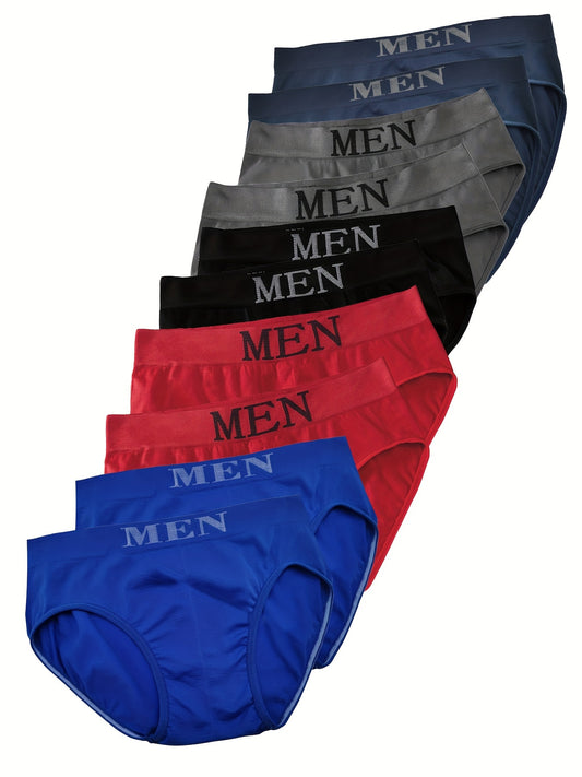 10pcs Men's 'MEN' Print Seamless Breathable Stretchy Briefs, Sports Panties, Underwear (Size S/M/L)