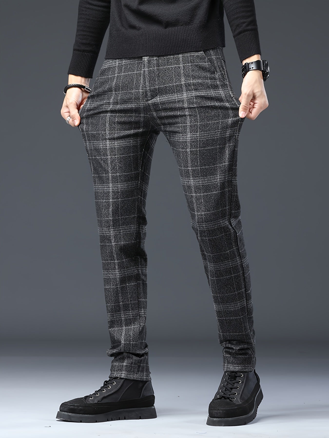 Men's Casual Retro Plaid Slim Fit Trousers For Fall Winter Leisure Activities