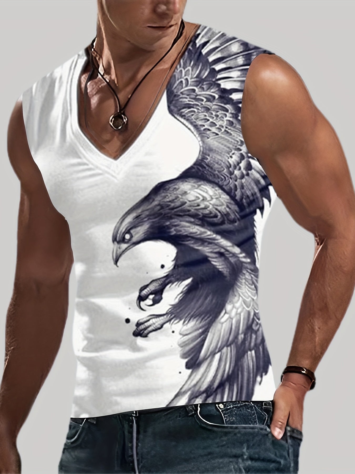 Eagle Pattern, Men's V Neck Skinny Fit Tanktops, Comfy Trendy Vest For Gym Sport, Mens Clothing